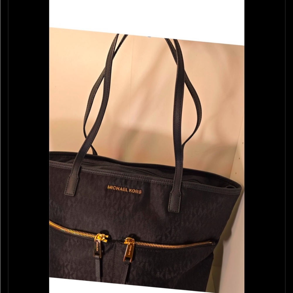 Michael Kors Black MK Monogram Tote with Gold Accents Excellent Condition